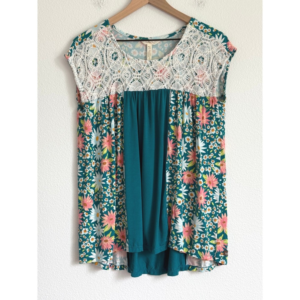 Matilda Jane It's The Weekend Top Tunic Blue Mixed Media Floral Lace Sleeveless